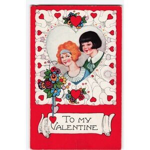 Valentine Postcard Whitney Made Flapper Women Bobbed Hair Worcester Mass VG